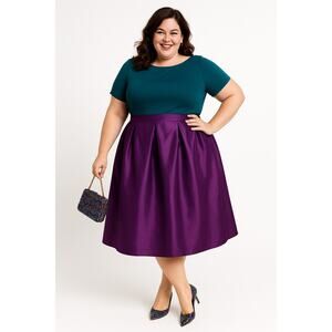 Sexy Diva Deep Purple Box‎ Pleat Midi Skirt 1X – Silk Shantung Look